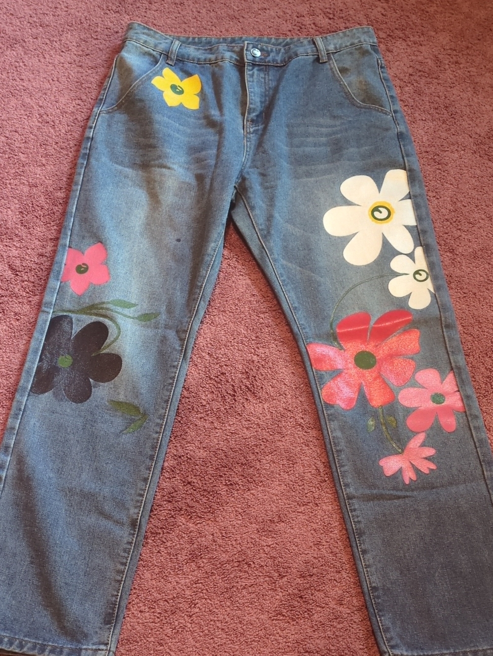 Y2K Indie Floral Painted Jeans XL High Rise Artsy Festival Denim 10-12
